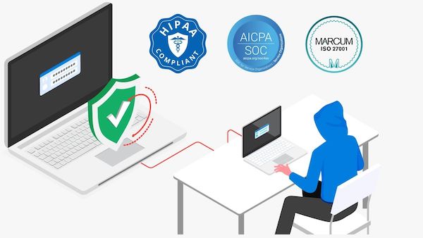 Illustration of a large laptop and security person at computer.